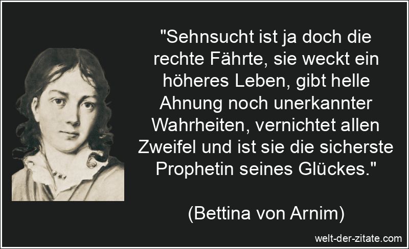 „Sehnsucht ist ja doch die rechte Fährte, sie weckt ein höheres Leben, gibt helle Ahnung noch unerkannter Wahrheiten, vernichtet allen Zweifel und ist sie die sicherste Prophetin seines Glückes.“ Bettina von Arnim Zitat Sehnsucht: Sehnsucht ist ja doch die rechte