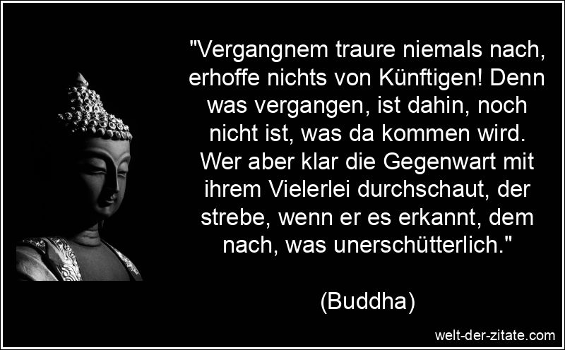 „Vergangnem traure niemals nach, erhoffe nichts von Künftigen! Denn was vergangen, ist dahin, noch nicht ist, was da kommen wird. Wer aber klar die Gegenwart mit ihrem Vielerlei durchschaut, der strebe, wenn er es erkannt, dem nach, was unerschütterlich.“ Buddha Zitat Gegenwart: Vergangnem traure niemals nach, erhoffe