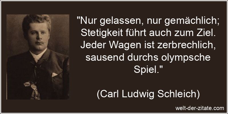 „Nur gelassen, nur gemächlich; Stetigkeit führt auch zum Ziel. Jeder Wagen ist zerbrechlich, sausend durchs olympsche Spiel.“ Carl Ludwig Schleich Zitat Gelassenheit: Nur gelassen, nur