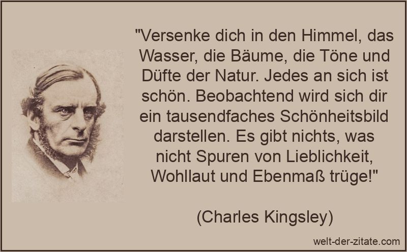 „Versenke dich in den Himmel, das Wasser, die Bäume, die Töne und Düfte der Natur. Jedes an sich ist schön. Beobachtend wird sich dir ein tausendfaches Schönheitsbild darstellen. Es gibt nichts, was nicht Spuren von Lieblichkeit, Wohllaut und Ebenmaß trüge!“ Charles Kingsley Zitat Natur: Versenke dich in den Himmel, das