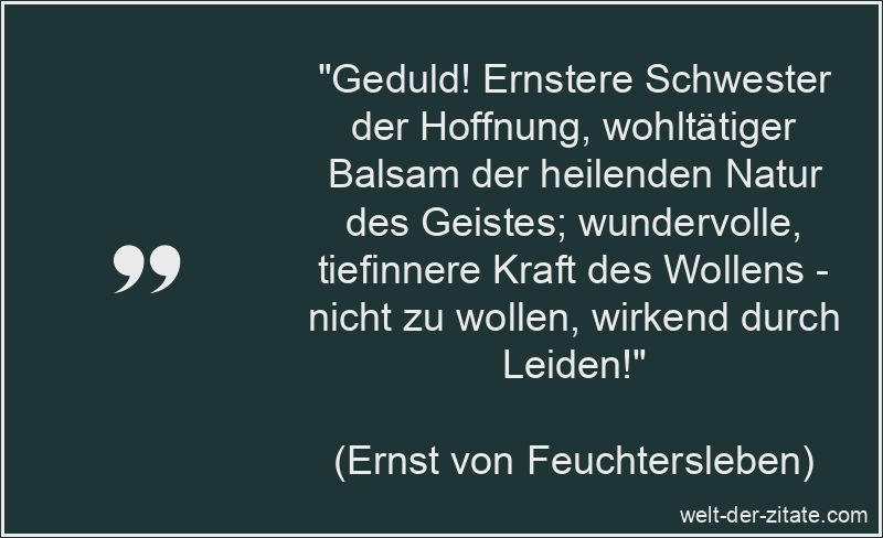 „Geduld! Ernstere Schwester der Hoffnung, wohltätiger Balsam der heilenden Natur des Geistes; wundervolle, tiefinnere Kraft des Wollens – nicht zu wollen, wirkend durch Leiden!“ Ernst von Feuchtersleben Zitat Geduld: Geduld! Ernstere Schwester der