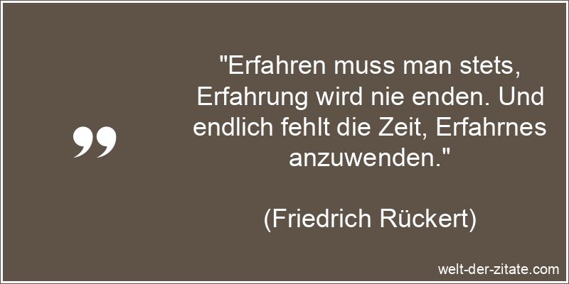 „Erfahren muss man stets, Erfahrung wird nie enden. Und endlich fehlt die Zeit, Erfahrnes anzuwenden.“ Friedrich Rückert Zitat Erfahrung: Erfahren muss man stets,