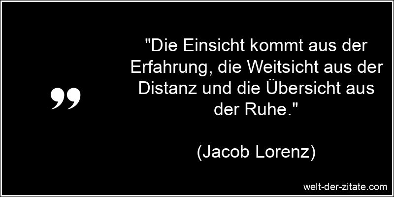 „Die Einsicht kommt aus der Erfahrung, die Weitsicht aus der Distanz und die Übersicht aus der Ruhe.“ Jacob Lorenz Zitat Einsicht: Die Einsicht kommt aus der Erfahrung,
