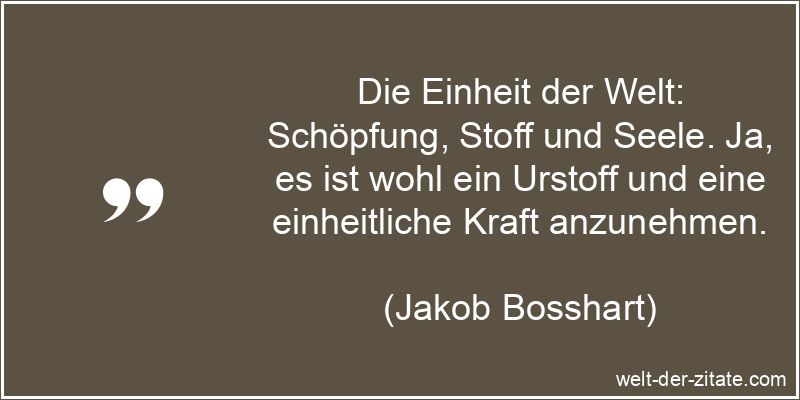 Die Einheit der Welt: Schöpfung, Stoff und Seele. Ja, es ist wohl ein Urstoff und eine einheitliche Kraft anzunehmen. Jakob Bosshart Zitat Ursprung: Die Einheit der Welt: Schöpfung,