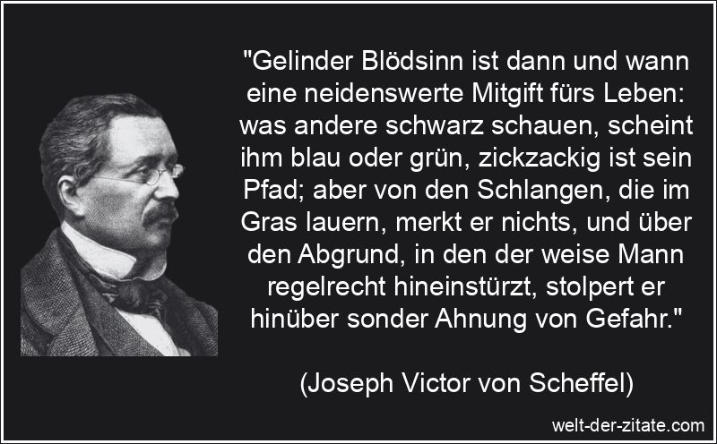 „Gelinder Blödsinn ist dann und wann eine neidenswerte Mitgift fürs Leben: was andere schwarz schauen, scheint ihm blau oder grün, zickzackig ist sein Pfad; aber von den Schlangen, die im Gras lauern, merkt er nichts, und über den Abgrund, in den der weise Mann regelrecht hineinstürzt, stolpert er hinüber sonder Ahnung von Gefahr.“ Joseph Victor von Scheffel Zitat Blödsinn: Gelinder Blödsinn ist