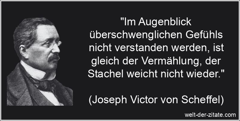 „Im Augenblick überschwenglichen Gefühls nicht verstanden werden, ist gleich der Vermählung, der Stachel weicht nicht wieder.“ Joseph Victor von Scheffel Zitat Gefühle: Im Augenblick