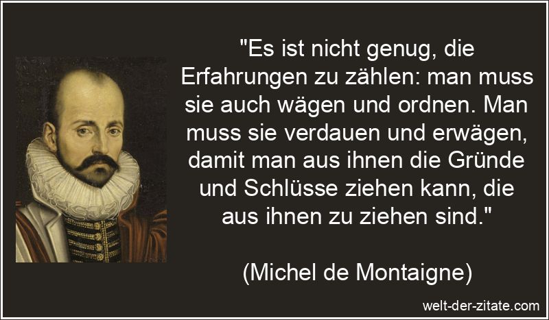 „Es ist nicht genug, die Erfahrungen zu zählen: man muss sie auch wägen und ordnen. Man muss sie verdauen und erwägen, damit man aus ihnen die Gründe und Schlüsse ziehen kann, die aus ihnen zu ziehen sind.“ Michel de Montaigne Zitat Erfahrung: Es ist nicht genug, die