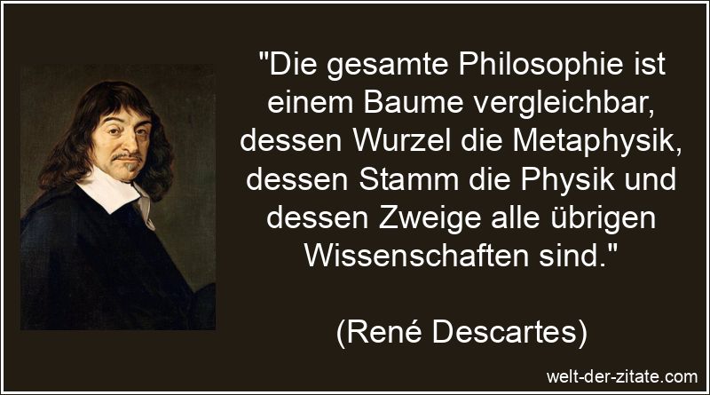 „Die gesamte Philosophie ist einem Baume vergleichbar, dessen Wurzel die Metaphysik, dessen Stamm die Physik und dessen Zweige alle übrigen Wissenschaften sind.“ René Descartes Zitat Philosophie: Die gesamte Philosophie ist einem