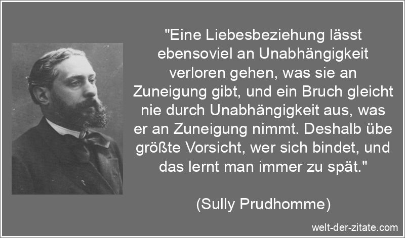 „Eine Liebesbeziehung lässt ebensoviel an Unabhängigkeit verloren gehen, was sie an Zuneigung gibt, und ein Bruch gleicht nie durch Unabhängigkeit aus, was er an Zuneigung nimmt. Deshalb übe größte Vorsicht, wer sich bindet, und das lernt man immer zu spät.“ Sully Prudhomme Zitat Liebesbeziehung: Eine Liebesbeziehung lässt