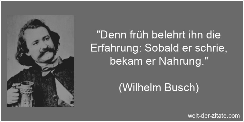 „Denn früh belehrt ihn die Erfahrung: Sobald er schrie, bekam er Nahrung.“ Wilhelm Busch Zitat Erfahrung: Denn früh belehrt ihn die Erfahrung: