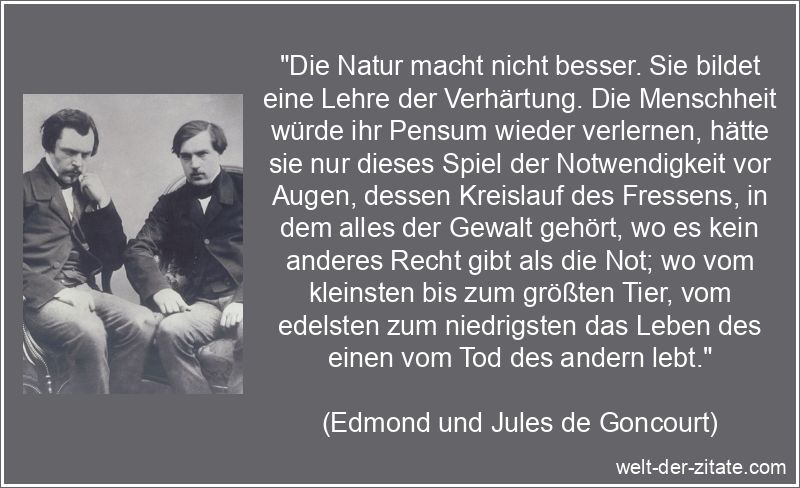 „Die Natur macht nicht besser. Sie bildet eine Lehre der Verhärtung. Die Menschheit würde ihr Pensum wieder verlernen, hätte sie nur dieses Spiel der Notwendigkeit vor Augen, dessen Kreislauf des Fressens, in dem alles der Gewalt gehört, wo es kein anderes Recht gibt als die Not; wo vom kleinsten bis zum größten Tier, vom edelsten zum niedrigsten das Leben des einen vom Tod des andern lebt.“ Edmond und Jules de Goncourt Zitat Natur: Die Natur macht nicht