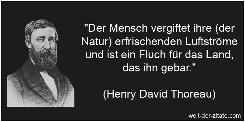 „Der Mensch vergiftet ihre (der Natur) erfrischenden Luftströme und ist ein Fluch für das Land, das ihn gebar.“ Henry David Thoreau Zitat Menschen: Der Mensch vergiftet ihre (der