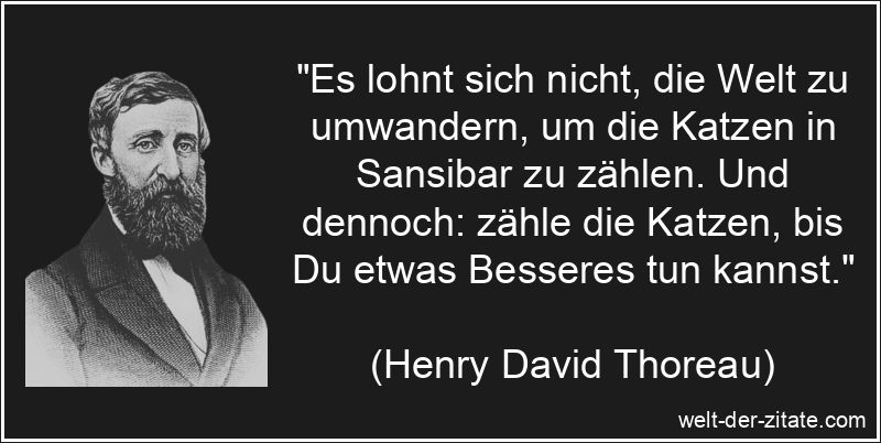 „Es lohnt sich nicht, die Welt zu umwandern, um die Katzen in Sansibar zu zählen. Und dennoch: zähle die Katzen, bis Du etwas Besseres tun kannst.“ Henry David Thoreau Zitat Taten: Es lohnt sich nicht, die Welt zu